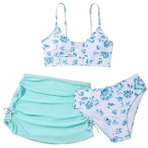 COZYEASE Girls' 3 Piece Set Floral Print Bikini Swimsuit with Drawstring Beach Skirt Cute Ruched Bathing Suit