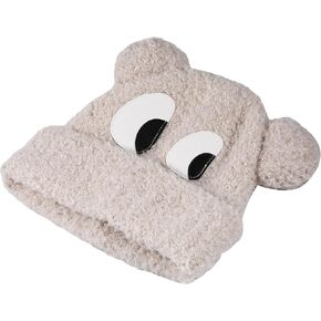Cute Fuzzy Beanie Hat with Bear Ear Women Plush Warm Knitted Cap Winter