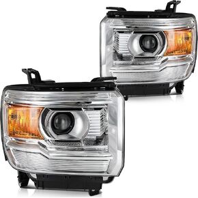 Headlight Assembly forfor GMC Sierra 1500 2014-2018 for GMC Sierra 2500 HD 2015-2019 for GMC Sierra 3500 HD 2015-2019 Chrome Housing+Amber Reflector Driver and Passenger Side Headlamp