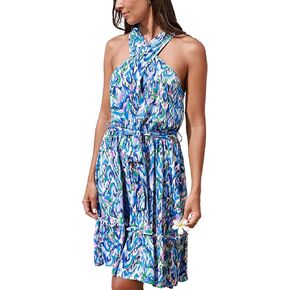 CUPSHE Women's Short Dress Halter Abstract Belted Knotted Back Ruffled Sleeveless Summer Casual Beach Dress