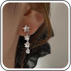 Bohemian Crystal Star Dangle Earrings Silver Cz Star Drop Earrings Rhinestone Star Tassel Chain Earrings Minimalist Star Stud Earrings Jewelry for Women Gifts