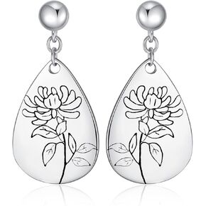 Earship Birth Flower Stud Earrings 925 Sterling Silver Engraved Floral Teardrop Earrings Birthday Flower Dangle Earrings for Women Christmas Birthday Jewelry Gifts for Women Wife Mom Daughter
