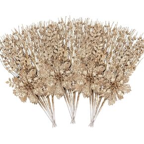 Ouddy Decor 32 Pack Champagne Christmas Ornaments 17'' Artificial Glitter Floral Berry Stems Twigs Branches Christmas Tree Picks Decoration for Xmas DIY Crafts Gift Holiday Wreath Garland Vase Decor