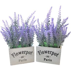 Butterfly Craze Artificial Lavender Plants in Rustic Wooden Planters - Lifelike, Stunning Faux Silk Purple Flowers Perfect for Elevating Your Patio, Home Décor, or Office (Set of Two), White Wood