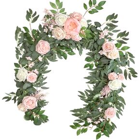 Lookein 6FT Flower Garland Eucalyptus Garland with Flowers Handcrafted Garland for Wedding Centerpieces for Rehearsal Dinner Bridal Shower, Terracotta