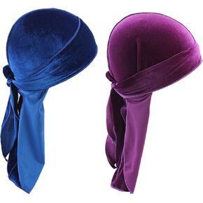 2pcs Velvet Durag for Men Women Unisex Long Tail Durag 360 Waves Headwraps Pirate Cap Bandana Turban Hat