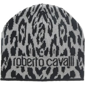 ROBERTO CAVALLI ESZ026 D0060 Black/Grey Jaguar Beanie Hat for Unisex