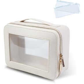 Clear Makeup Bag for Women - Cosmetic Case Travel Toiletry Bag with Metal Zipper Portable Makeup Organizer Storage Bag for Travel Essentials(Beige)