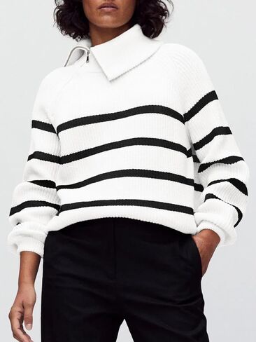 Saodimallsu Womens Striped Sweater Zip Mock Neck Fall Long Sleeve Oversized Trendy Loose Ribbed Knit Pullover Tops in Saudi Arabia