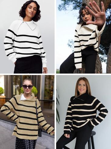 Saodimallsu Womens Striped Sweater Zip Mock Neck Fall Long Sleeve Oversized Trendy Loose Ribbed Knit Pullover Tops in Saudi Arabia