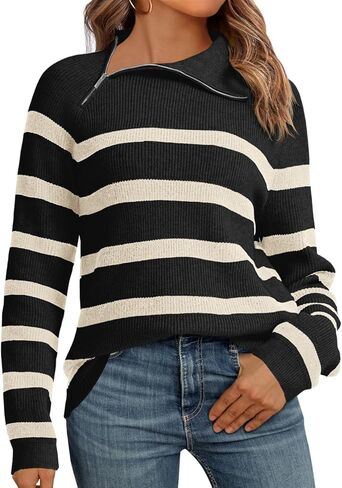 Saodimallsu Womens Striped Sweater Zip Mock Neck Fall Long Sleeve Oversized Trendy Loose Ribbed Knit Pullover Tops in Saudi Arabia