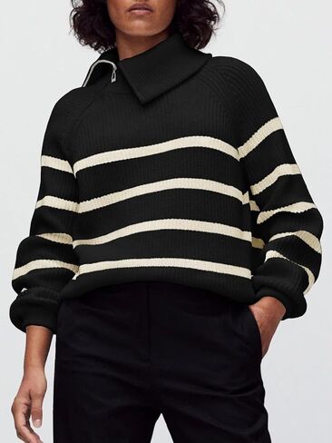 Saodimallsu Womens Striped Sweater Zip Mock Neck Fall Long Sleeve Oversized Trendy Loose Ribbed Knit Pullover Tops in Saudi Arabia