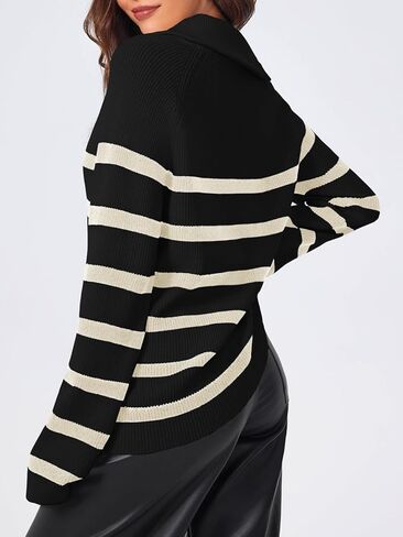 Saodimallsu Womens Striped Sweater Zip Mock Neck Fall Long Sleeve Oversized Trendy Loose Ribbed Knit Pullover Tops in Saudi Arabia