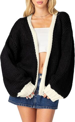Women's 2024 Fall Long Sleeve Cable Knit Sweater Color Block Open Front Cardigan Chunky Loose Outerwear Coats in Kuwait