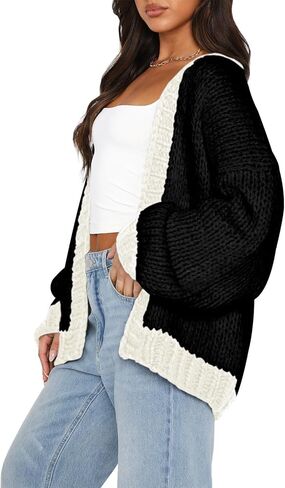 Women's 2024 Fall Long Sleeve Cable Knit Sweater Color Block Open Front Cardigan Chunky Loose Outerwear Coats in Kuwait
