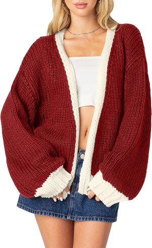 Women's 2024 Fall Long Sleeve Cable Knit Sweater Color Block Open Front Cardigan Chunky Loose Outerwear Coats in Kuwait