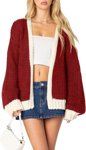 Women's 2024 Fall Long Sleeve Cable Knit Sweater Color Block Open Front Cardigan Chunky Loose Outerwear Coats in Kuwait