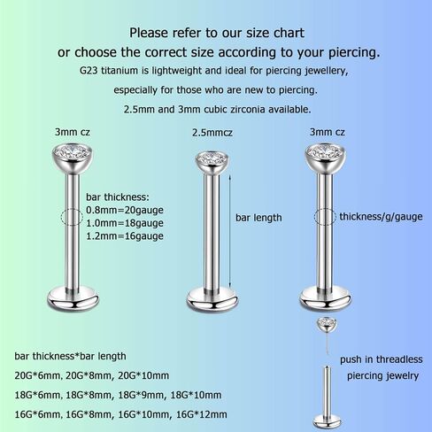 Lantine Cz Threadless Nose Ring g23 Titanium 16g 18g Push in Flat Back Earrings Nose Stud Lip Cartilage Helix Daith Piercing Jewelry in Saudi Arabia