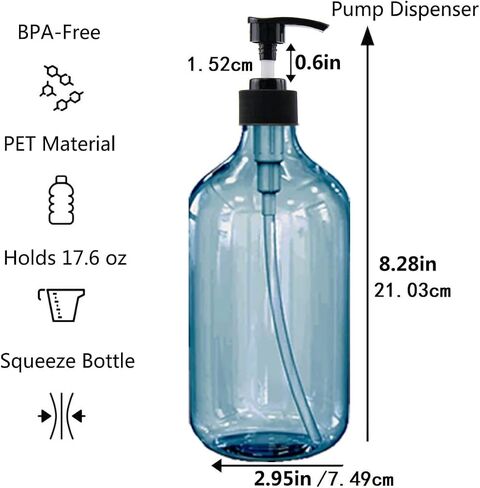 16.9oz/500ml Pump Dispenser Bottle Set Includes Labels for Shampoo, Lotion Shower Gel and Soap Pump, Refillable Dispenser Blue Round BPA/Paraben Free(6 Pack) in Saudi Arabia
