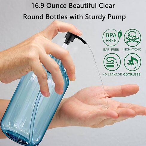 16.9oz/500ml Pump Dispenser Bottle Set Includes Labels for Shampoo, Lotion Shower Gel and Soap Pump, Refillable Dispenser Blue Round BPA/Paraben Free(6 Pack) in Saudi Arabia