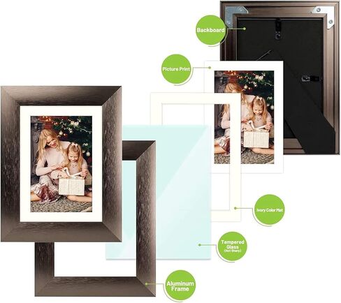 Golden State Art، إطارات ألومنيوم مع حصيرة عاجية للصور - حامل حامل، عروات دوارة، زجاج حقيقي - شاشة عرض أعلى الطاولة (بني داكن، إطار 5x7 للصور 4x6، عبوتان) in Kuwait