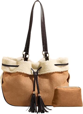 Suede Shoulder Bag for Women Handbag with Lamb Wool Large Capacity Tote Bag Vintage Soft Plush Top Handle Bag in Kuwait