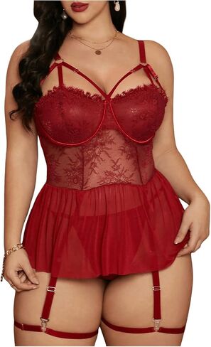 Women's Plus Size 4 Piece Lingerie Set Cut Out Floral Lace Sheer Mesh Babydoll Nightwear with Garter in Saudi Arabia