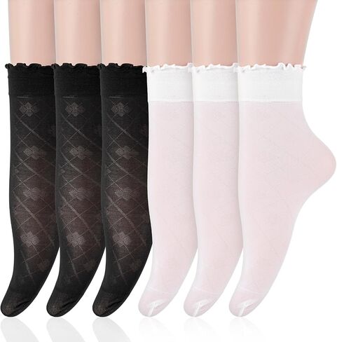 6 Pairs Womens Thin Socks Women's Sheer Ruffle Socks Summer Ultra Thin Socks(White,Black) in Saudi Arabia