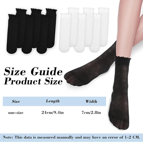 6 Pairs Womens Thin Socks Women's Sheer Ruffle Socks Summer Ultra Thin Socks(White,Black) in Saudi Arabia