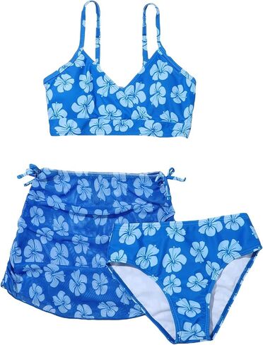 COZYEASE Girls' 3 Piece Set Floral Print Bikini Swimsuit with Drawstring Beach Skirt Cute Ruched Bathing Suit in Saudi Arabia