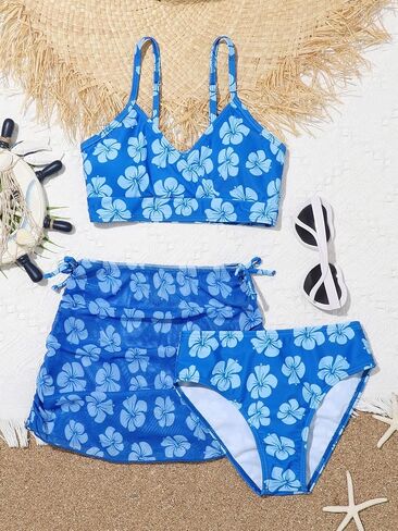 COZYEASE Girls' 3 Piece Set Floral Print Bikini Swimsuit with Drawstring Beach Skirt Cute Ruched Bathing Suit in Saudi Arabia