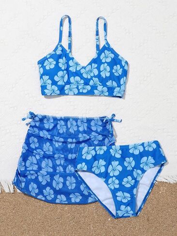 COZYEASE Girls' 3 Piece Set Floral Print Bikini Swimsuit with Drawstring Beach Skirt Cute Ruched Bathing Suit in Saudi Arabia