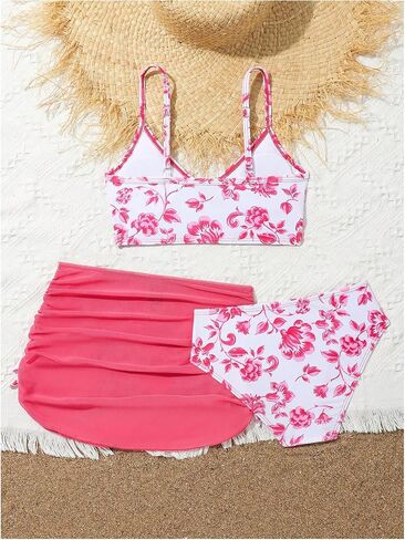 COZYEASE Girls' 3 Piece Set Floral Print Bikini Swimsuit with Drawstring Beach Skirt Cute Ruched Bathing Suit in Saudi Arabia