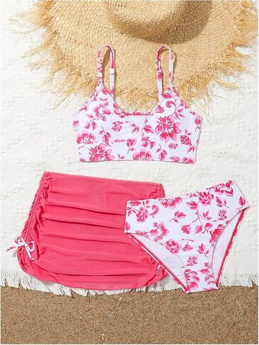 COZYEASE Girls' 3 Piece Set Floral Print Bikini Swimsuit with Drawstring Beach Skirt Cute Ruched Bathing Suit in Saudi Arabia