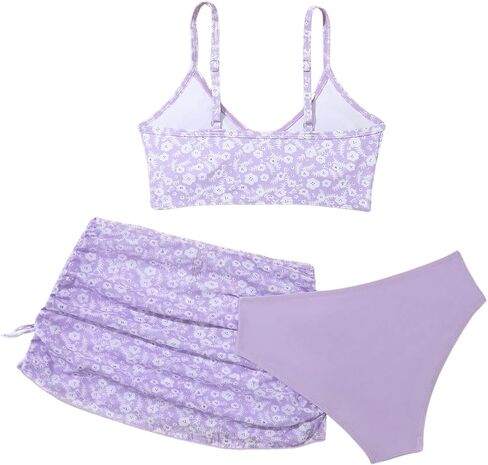 COZYEASE Girls' 3 Piece Set Floral Print Bikini Swimsuit with Drawstring Beach Skirt Cute Ruched Bathing Suit in Kuwait