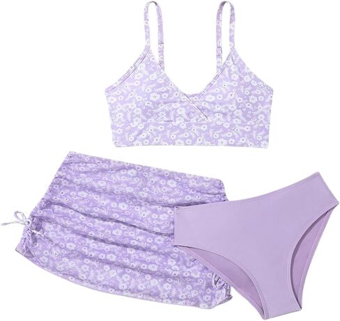 COZYEASE Girls' 3 Piece Set Floral Print Bikini Swimsuit with Drawstring Beach Skirt Cute Ruched Bathing Suit in Kuwait