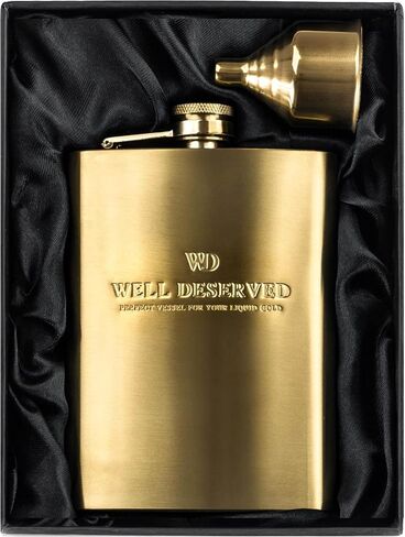 8oz Gold Flask For Liquor + Funnel + Pouch. Classy Black Satin Packaging. Proven Gift For Men or Women. Engraved Well-Deserved. Wedding, Groomsmen, Birthday in Saudi Arabia