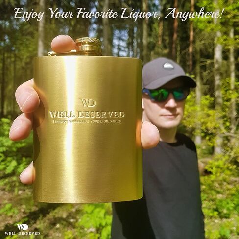 8oz Gold Flask For Liquor + Funnel + Pouch. Classy Black Satin Packaging. Proven Gift For Men or Women. Engraved Well-Deserved. Wedding, Groomsmen, Birthday in Saudi Arabia
