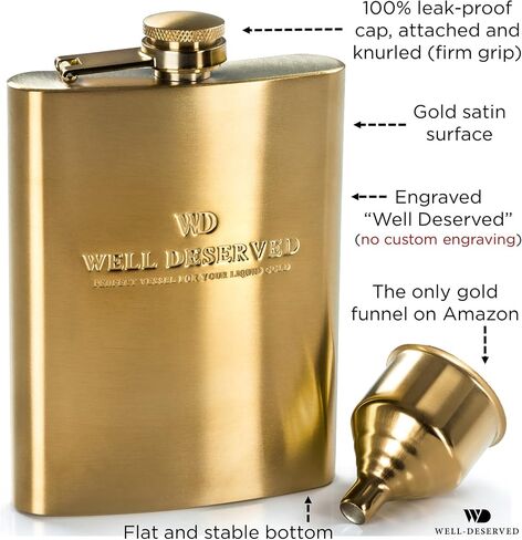 8oz Gold Flask For Liquor + Funnel + Pouch. Classy Black Satin Packaging. Proven Gift For Men or Women. Engraved Well-Deserved. Wedding, Groomsmen, Birthday in Saudi Arabia