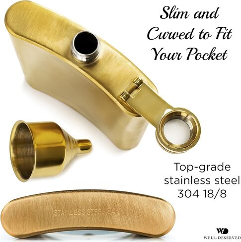 8oz Gold Flask For Liquor + Funnel + Pouch. Classy Black Satin Packaging. Proven Gift For Men or Women. Engraved Well-Deserved. Wedding, Groomsmen, Birthday in Saudi Arabia