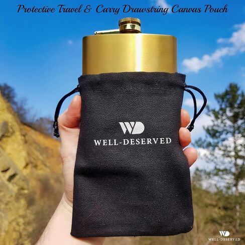 8oz Gold Flask For Liquor + Funnel + Pouch. Classy Black Satin Packaging. Proven Gift For Men or Women. Engraved Well-Deserved. Wedding, Groomsmen, Birthday in Saudi Arabia