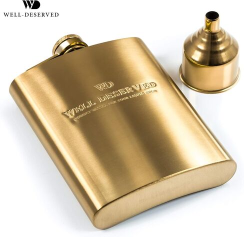 8oz Gold Flask For Liquor + Funnel + Pouch. Classy Black Satin Packaging. Proven Gift For Men or Women. Engraved Well-Deserved. Wedding, Groomsmen, Birthday in Saudi Arabia