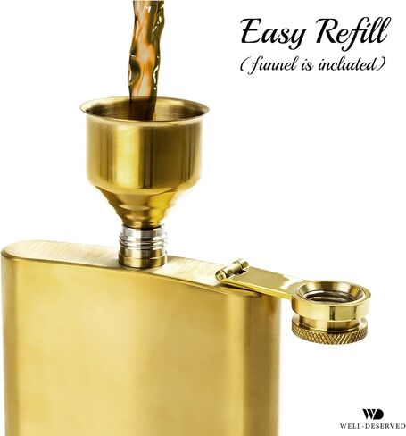 8oz Gold Flask For Liquor + Funnel + Pouch. Classy Black Satin Packaging. Proven Gift For Men or Women. Engraved Well-Deserved. Wedding, Groomsmen, Birthday in Saudi Arabia