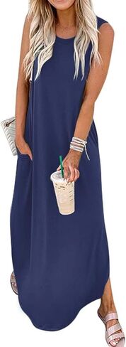 Women's Loose Sundress Long Dress Sleeveless Split Maxi Dresses 2025 Summer Beach Dress with Pockets in Saudi Arabia
