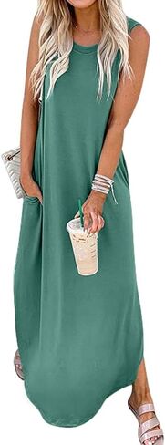 Women's Loose Sundress Long Dress Sleeveless Split Maxi Dresses 2025 Summer Beach Dress with Pockets in Saudi Arabia