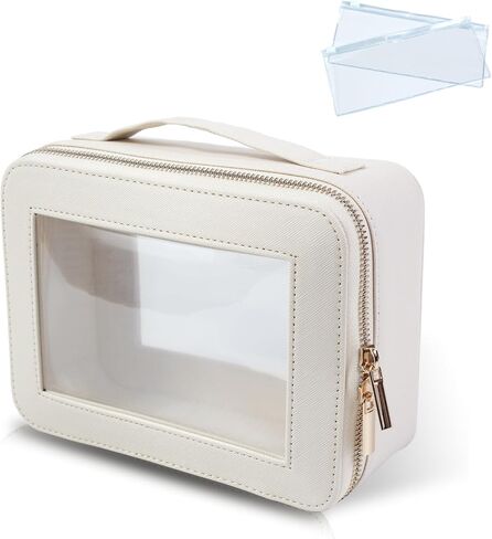 Clear Makeup Bag for Women - Cosmetic Case Travel Toiletry Bag with Metal Zipper Portable Makeup Organizer Storage Bag for Travel Essentials(Beige) in Saudi Arabia