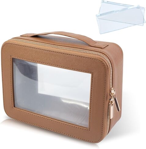 Clear Makeup Bag for Women - Cosmetic Case Travel Toiletry Bag with Metal Zipper Portable Makeup Organizer Storage Bag for Travel Essentials(Beige) in Saudi Arabia