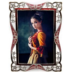LXZ Vintage Retro Brass Plated Metal Picture Frame Decorated with Crystals - Clear Glass Front Cover - Tabletop Display Vertically or Horizontally, Size 4 x 6 Inches