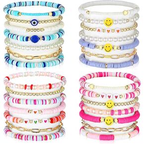 Yaomiao 28 Pcs 4 Set Heishi Surfer Bracelets Set for Women Colorful Preppy Beaded Stretch Bracelet Friendship Bracelets Clay Stackable Boho Disc Party Y2k Aesthetic Beach Jewelry Gift (Lovely Style)