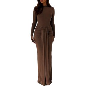 Sedrinuo Womens Long Sleeve Maxi Dress Elegant Ruched Crew Neck Tie Waist Bodycon Long Dress Cocktail Party Dresses
